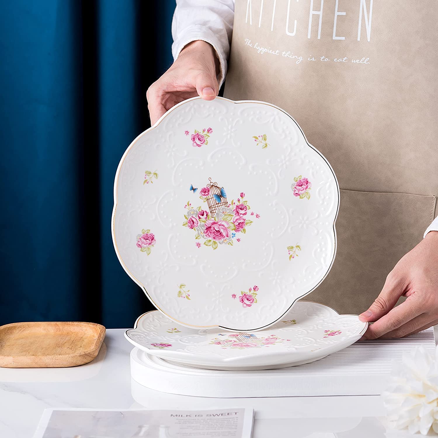 YBK Tech Novità 3D Rose Cup Bone China - Tazza da caffè in porcellana pomeridiana, tazza da tè e cucchiaio (blu