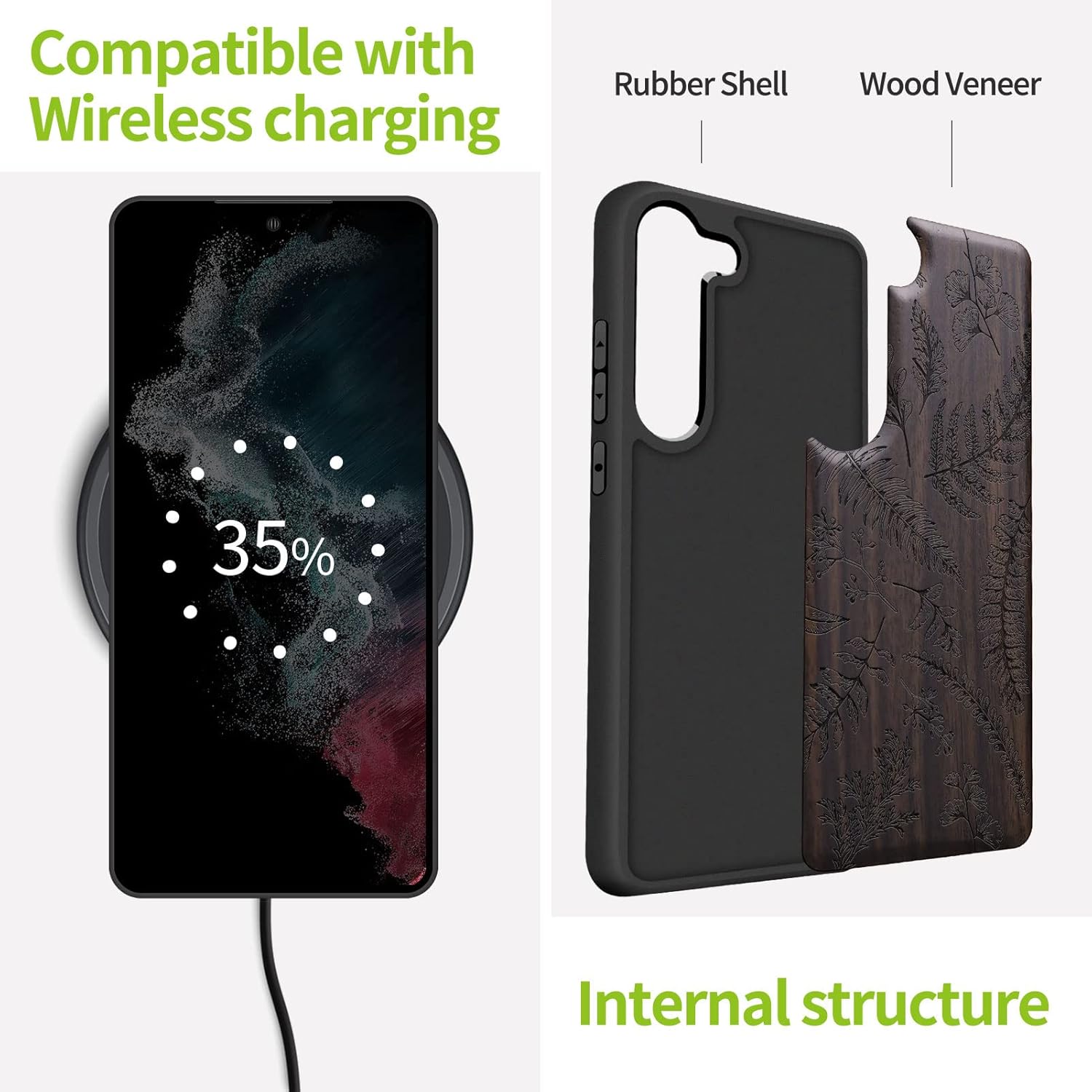 Carveit Wood Case for Galaxy S23 Case [Natural Wood & Black Soft TPU] Shockproof Protective Cover Unique & Classy Wooden Design Compatible with Samsung S23 (Fern Leaves & Herbs-Blackwood)