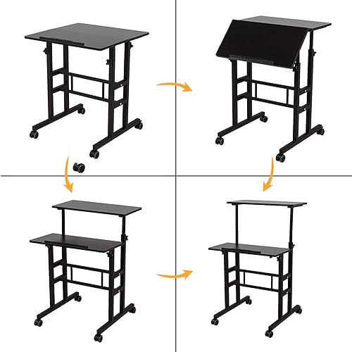 Vista 11 de soges Escritorio móvil de pie de altura ajustable, escritorio rodante para computadora de pie pequeño, estación de trabajo sobre ruedas, escritorio