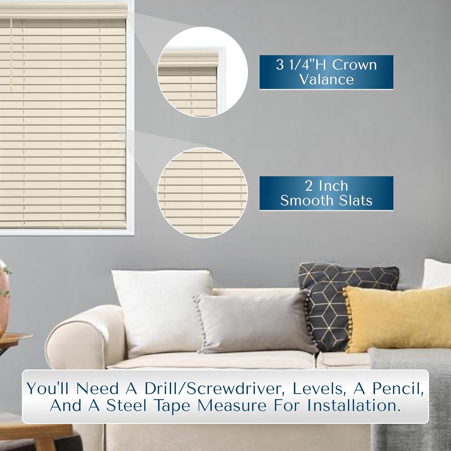 TailorView, Customizable Faux Wood Horizontal Window Blinds, Cordless, 2 Inch Smooth Slats, Color - Oyster/Alabaster (Ivory/Cream,) Outside or Inside Mount