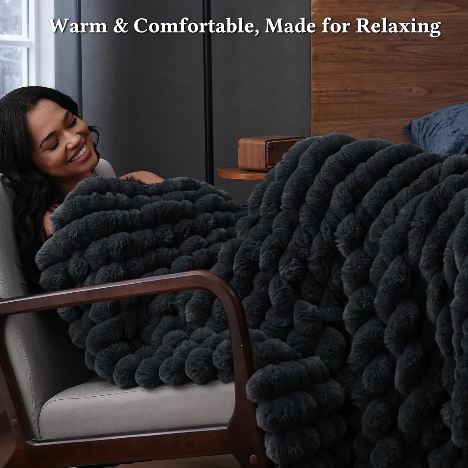 David's Home Reversible Faux Rabbit Fur Throw Blanket, Luxury Soft Thick Shaggy Warm Fuzzy Bubble for Couch, Bed, Cozy Plush Fluffy Decor for Fall Winter,Black Oyster,50 "* 60" - Image 6