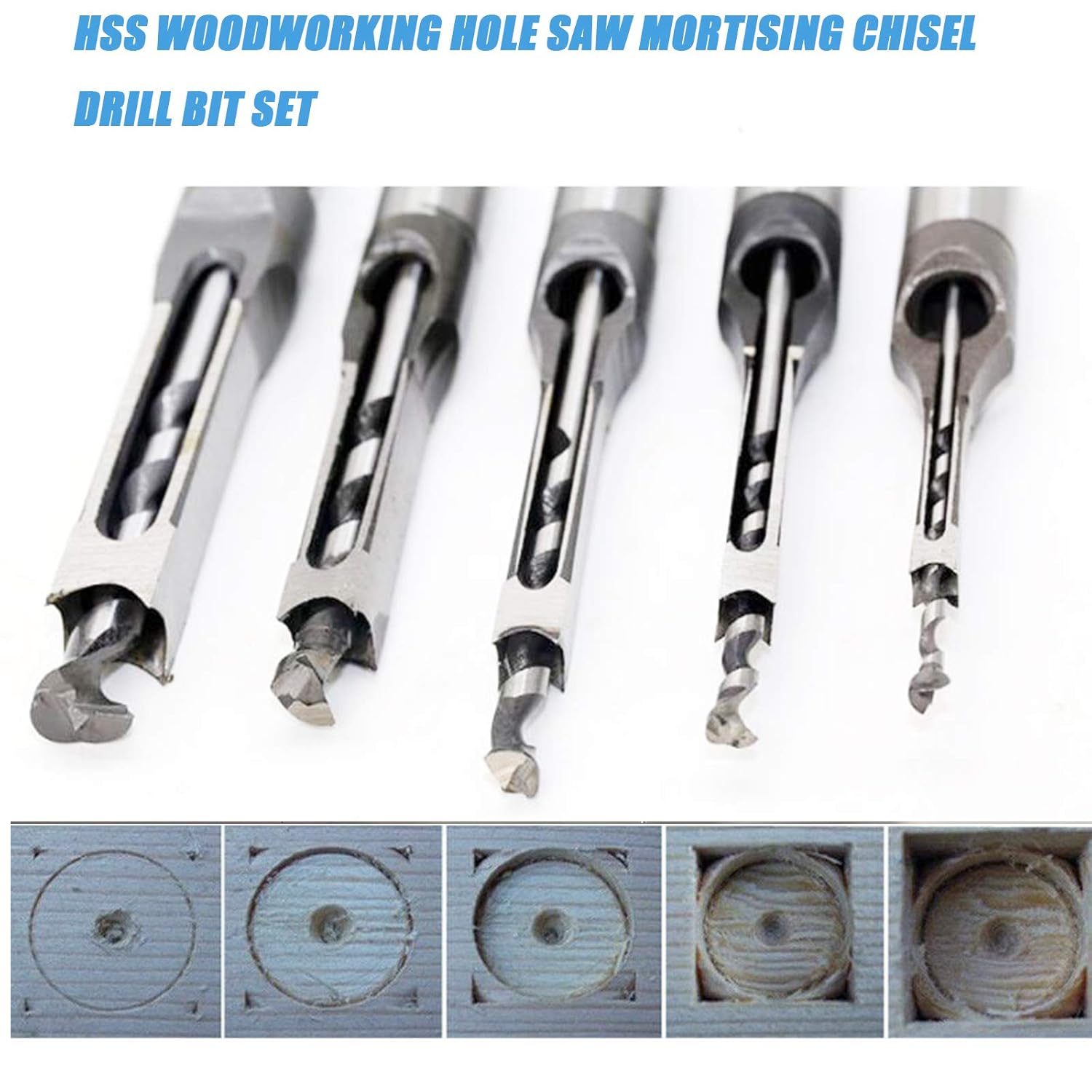 Woodworking Square Hole Drill Bits, HSS Woodworking Square Mortise Drill Bit Wood Mortising Chisel Set Woodworker Hole Saw Power Tool Kits, 1/2, 1/4, 5/16, 3/8, 7/16 Inch，5pcs