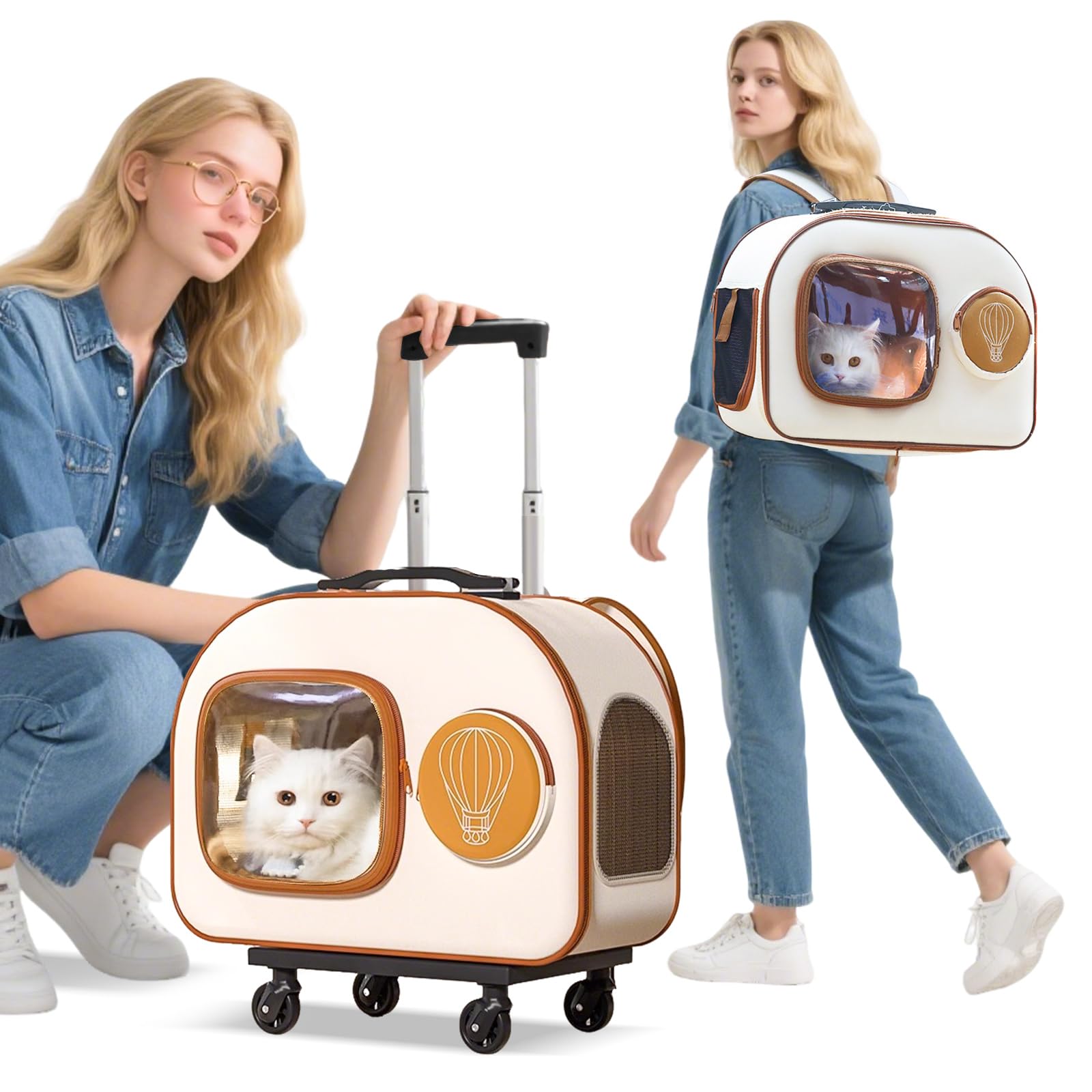 PETCUTE Zaino per Cani con Trolley,Zaino Trolley per Cani Gatti con Manico Telescopico e Base Rimovibile,Portatile Traspirante, Trasportino Gatto con Ruote,per Viaggi Lunghi Corti Fino 6 KG