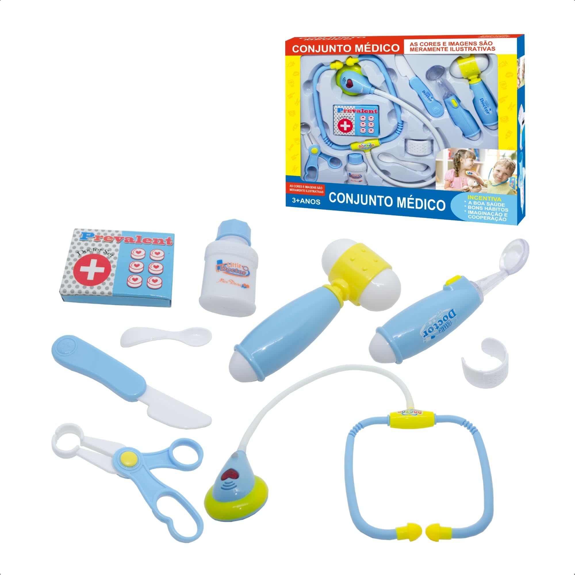 Brinquedo Kit Médico Azul 9 Peças Interativo com Luz Infantil Faz