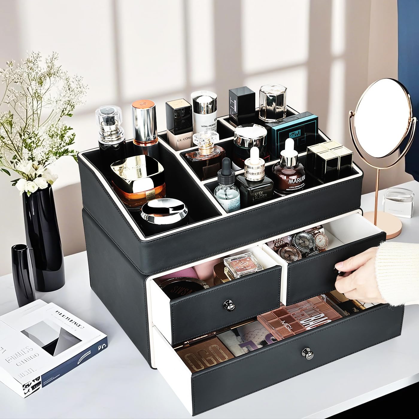 KINGFOM Make-up-Organizer, Kosmetik-Organizer mit 3 Schubladen und 5 Fächern, Make-up-Organizer (schwarz)