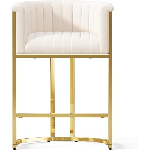 26" H Counter Height Bar Stools, Modern Barrel Counter Stools with Backs and Arms, Linen Fabric Upholstered Accent Barstools for Kitchen Island, Gold Stainless Steel Frame/Beige Linen
