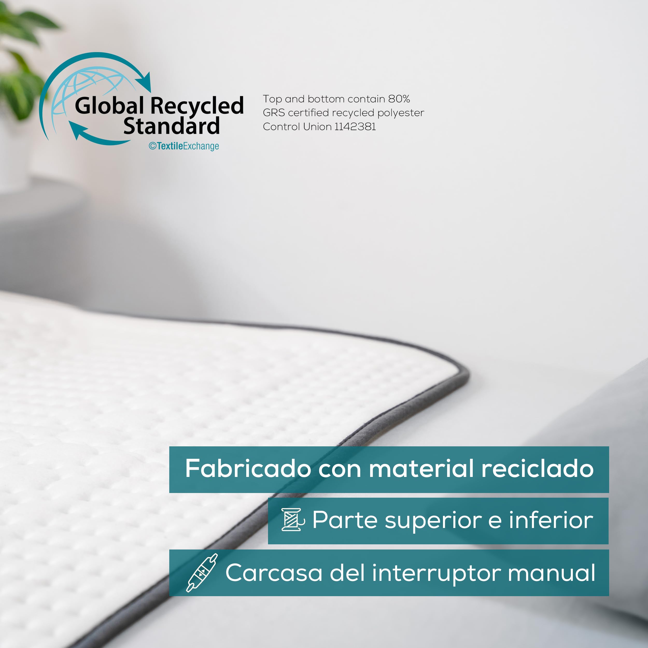 Beurer UB 60 Green Planet Calientacamas, materiales reciclados, con desconexión automática, 4 ajustes de temperatura, sistema de seguridad, 150 x 80 cm, interruptor LED extraíble, lavable a máquina