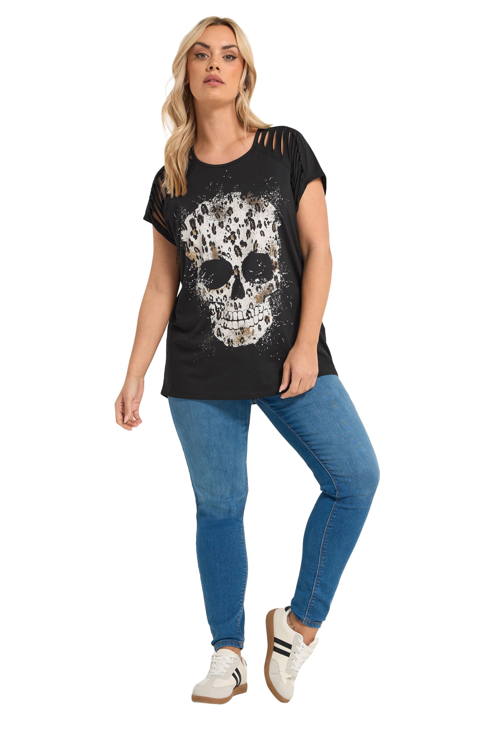 Yours Women's Black Skull Print Laser Cut T-Shirt In Size 18