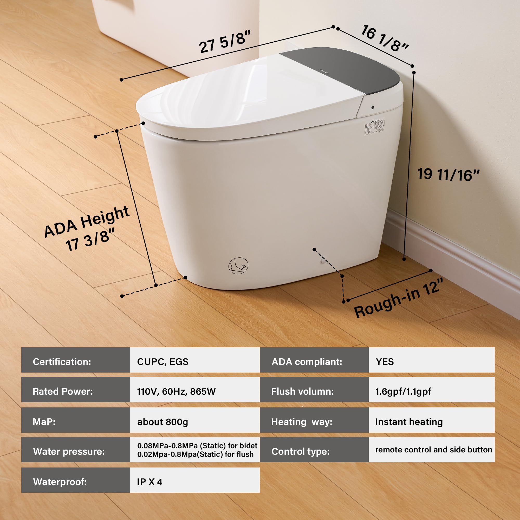 WELLFOR Smart Bidet Toilet with Built-in Tank Heated seat 1 6 GPF Auto Flush Smart Toilet Foot Touch — view 3
