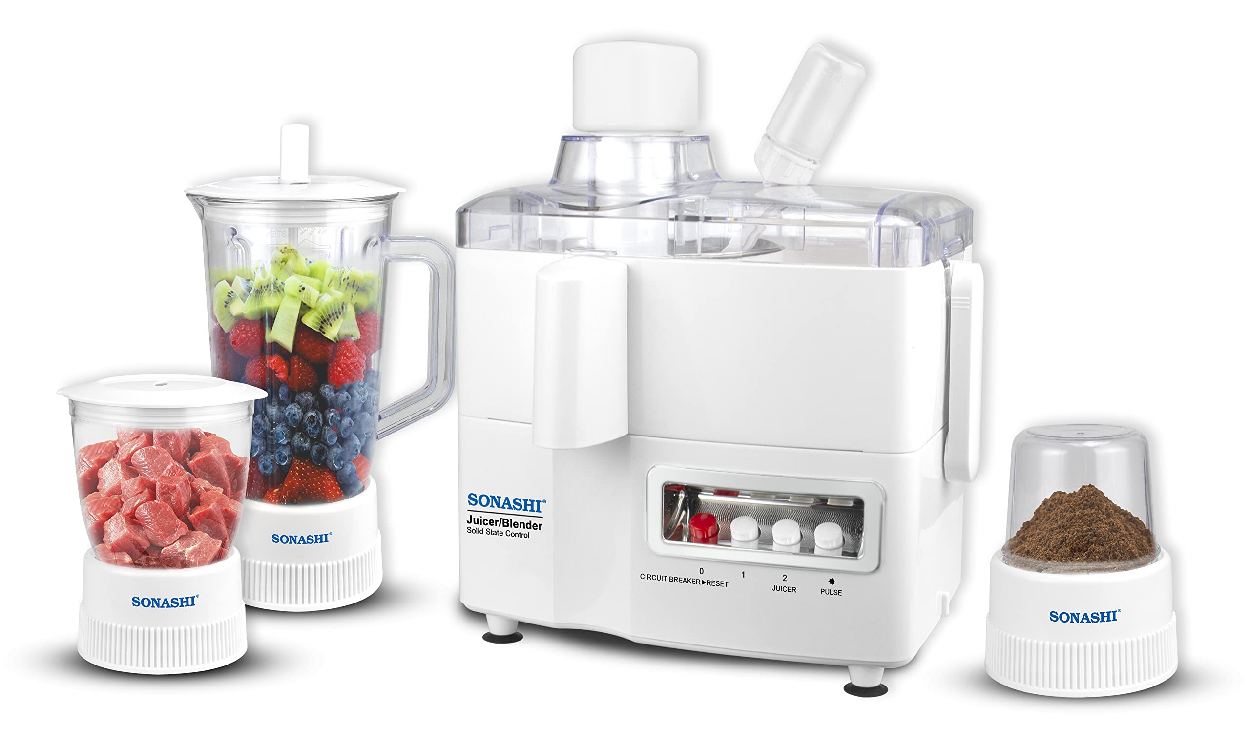 SONASHI SJB-309 4-in-1 Juicer Blender [White] 600W Copper Motor, 2 Speed, 3 Jars w/Lid for Wet/Dry Grinding, Grater & Strainer, Blender for Kitchen| Home Kitchen Appliances