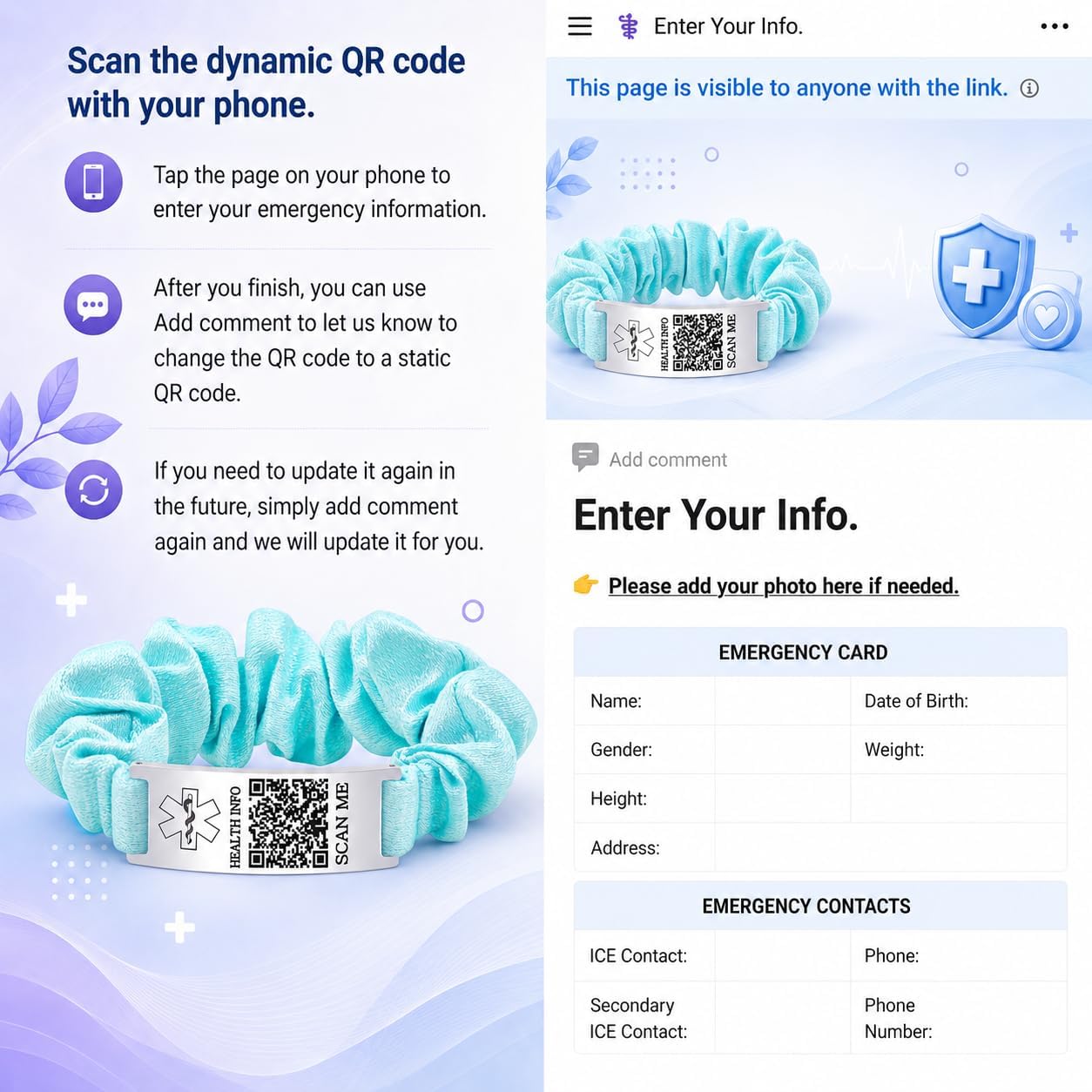 Uloveido Dynamic QR Code Medical Alert Bracelet for Women, Editable Fabric Medical ID Wristband, Scan to Update Emergency & Health Information, Elastic Hair Tie Style