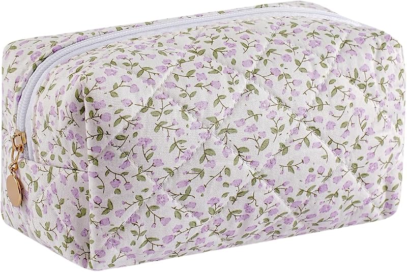 Necessaire de maquiagem acolchoada em algodão WHHJM com estampa floral A8 Purple Flowers
