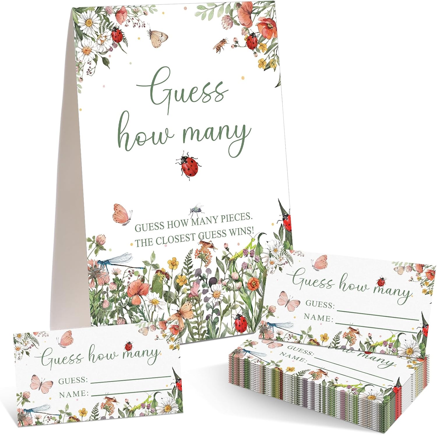 Love Bug Baby Shower How Many Game, Sign with 50 Cards Set