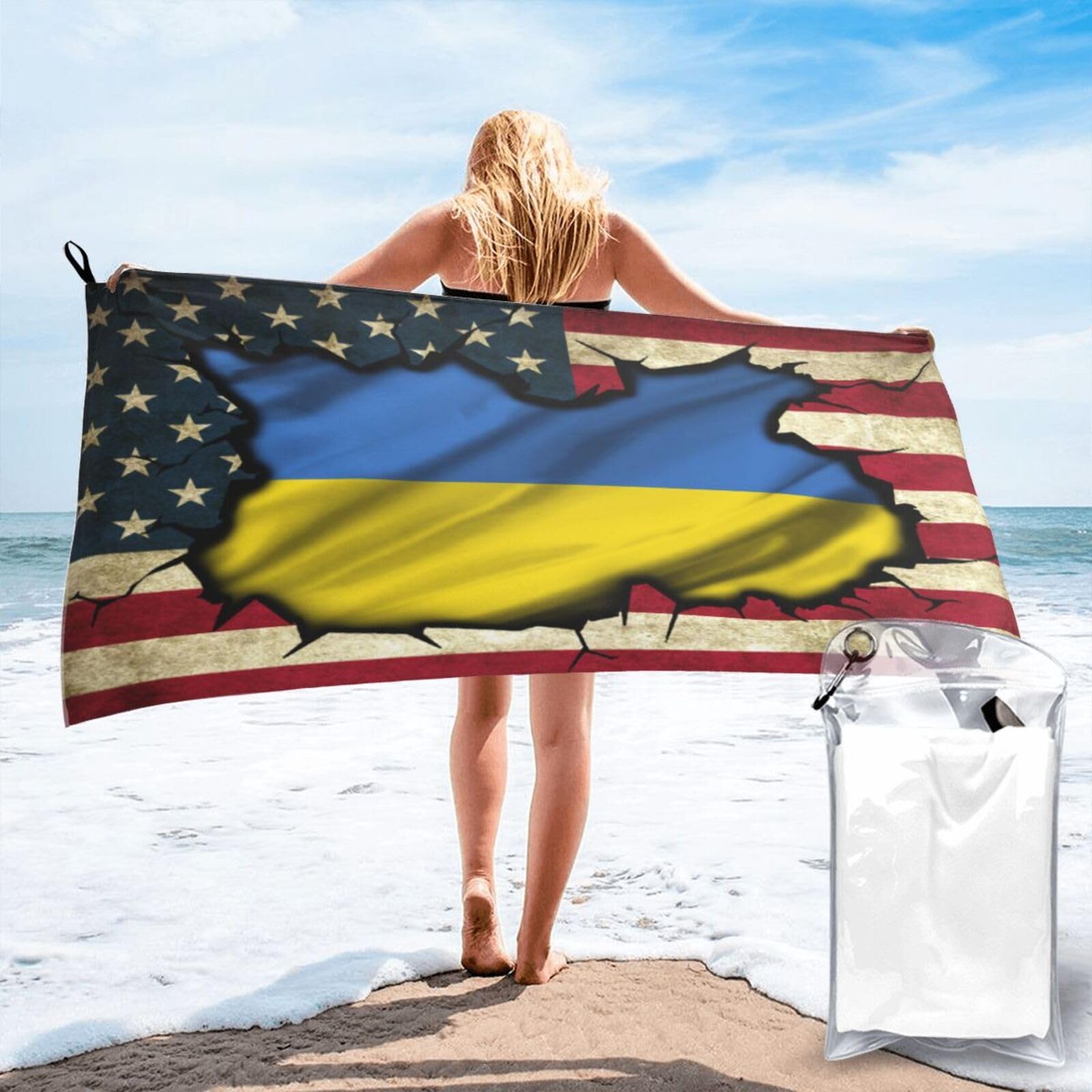 HACXZ Vintage America Flag and Ukraine Flag Absorbent Beach Towel Microfiber Beach Towel Lightweight 27.5"X55"