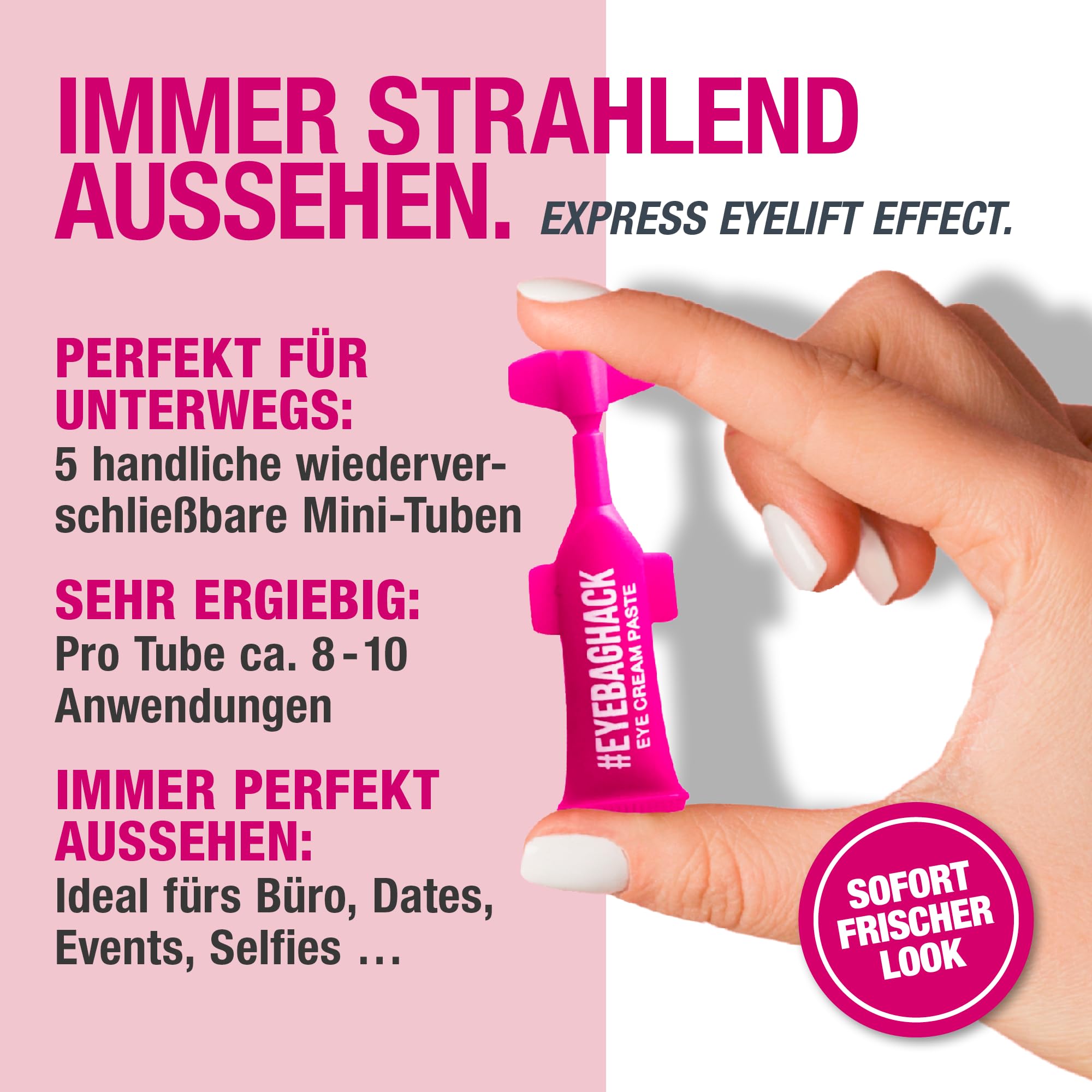 EYEBAGHACK – Express Eyelift Effect przeciwko workom pod oczami i zmarszczkom – widocznie gładkie oczy w ciągu 2 minut – Invisible Flex Film Technology zapewnia działanie do 10 h – 5 x mini tubka