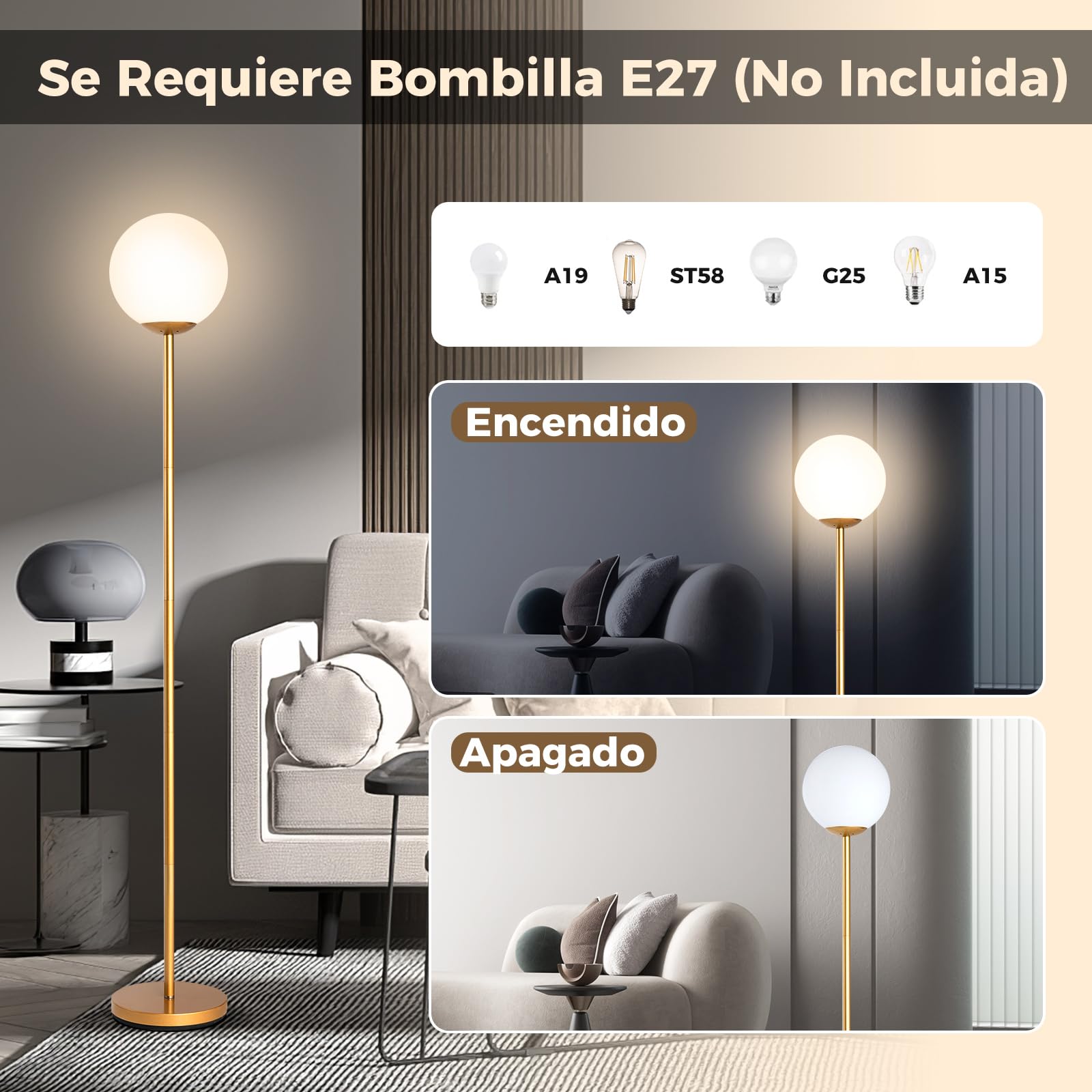 COSTWAY Lámpara de Pie Moderna 165 cm, Lámparas de Suelo Altas con Pantalla de Cristal y Base Pesada, Interruptor de Pie, Lámpara de Pie Lectura para Salón, Dormitorio, Dorado(E27 Bobilla No Incluida)