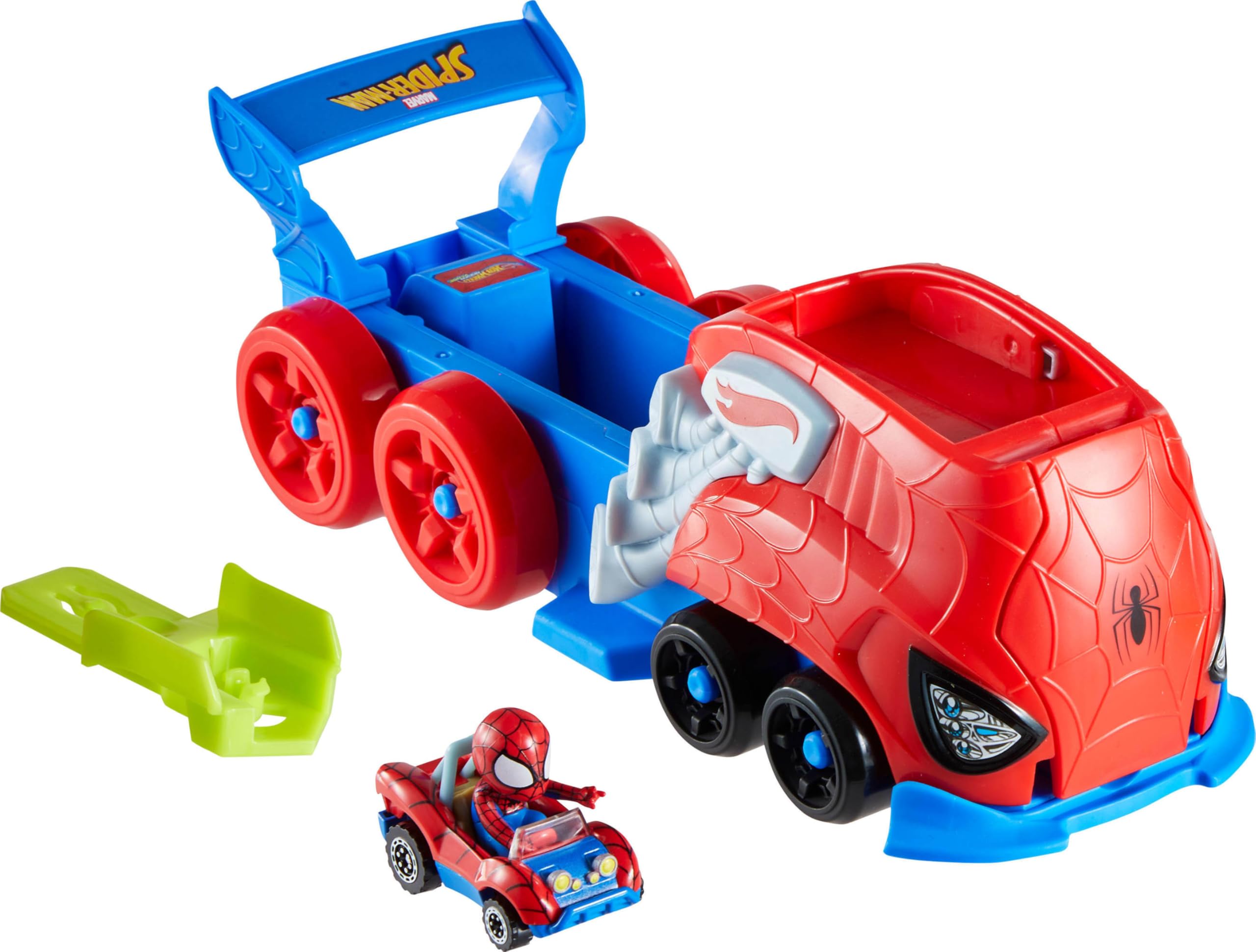 Hot Wheels Spider-Man wielkoskalowy zestaw torów samochodowych, wyrzutnia i przenośnik z odlewanym pojazdem RacerVerse