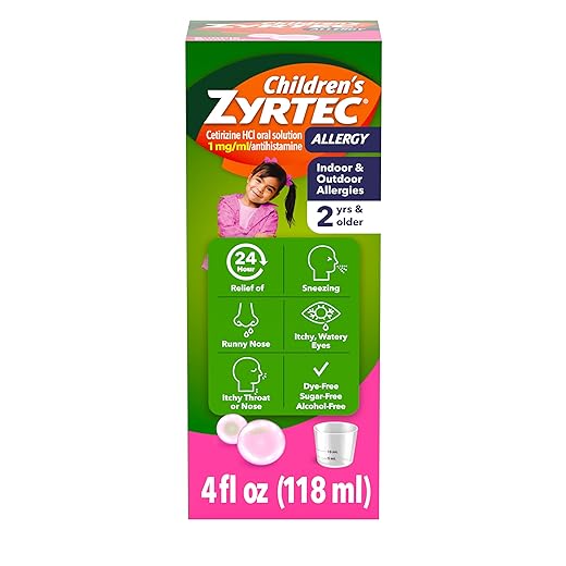 Zyrtec Children's Liquid, Kid's Antihistamine Syrup, Dye-, Sugar-, and Alcohol-Free, Pleasant Bubble Gum Flavor, Contains Cetirizine HCl Suitable for Ages 2 Years and Up, 4 fl oz Bottle