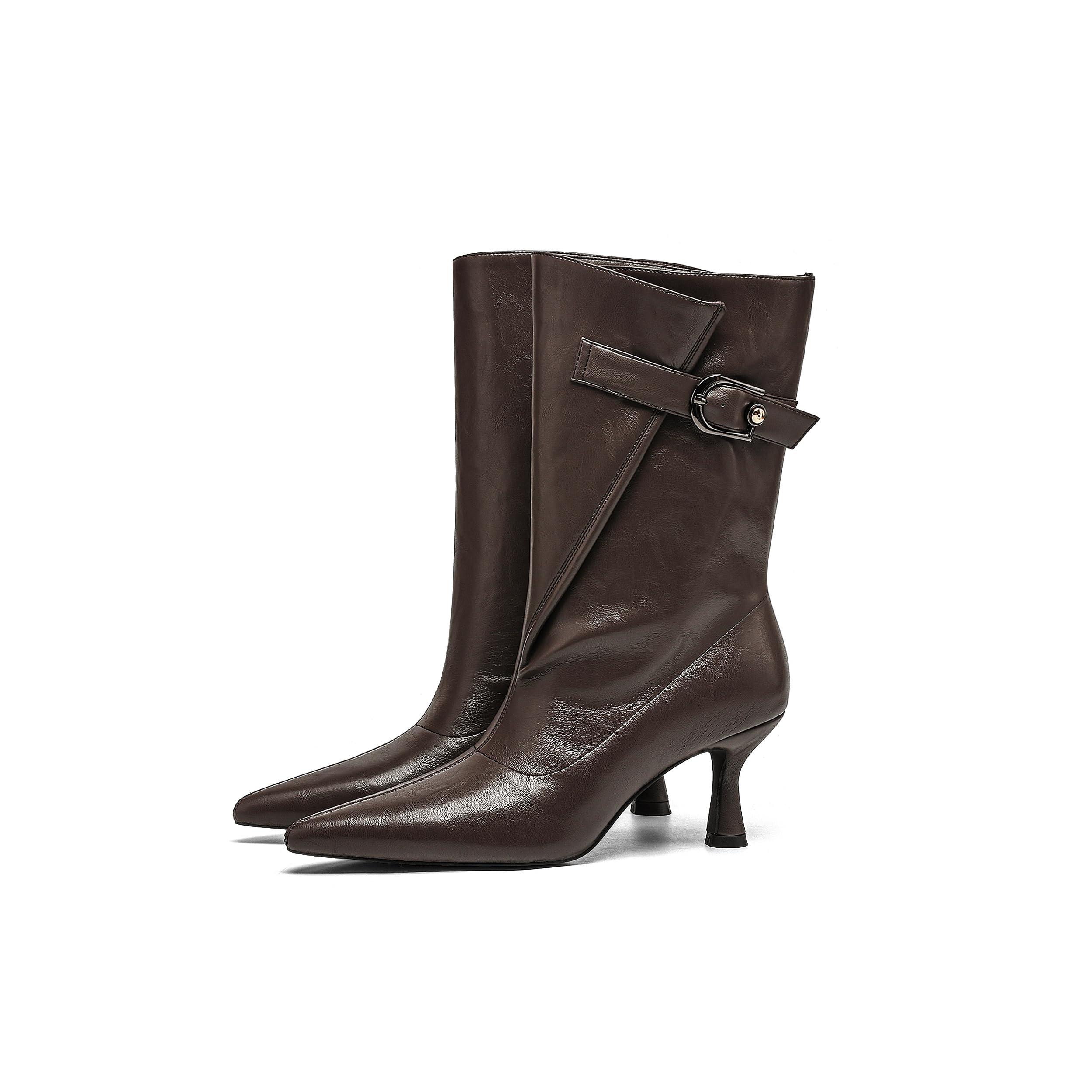 Mid Calf Boots for Women with Kitten Heel - Pointed Toe Wide Calf Slip On Boots Metal Buckle