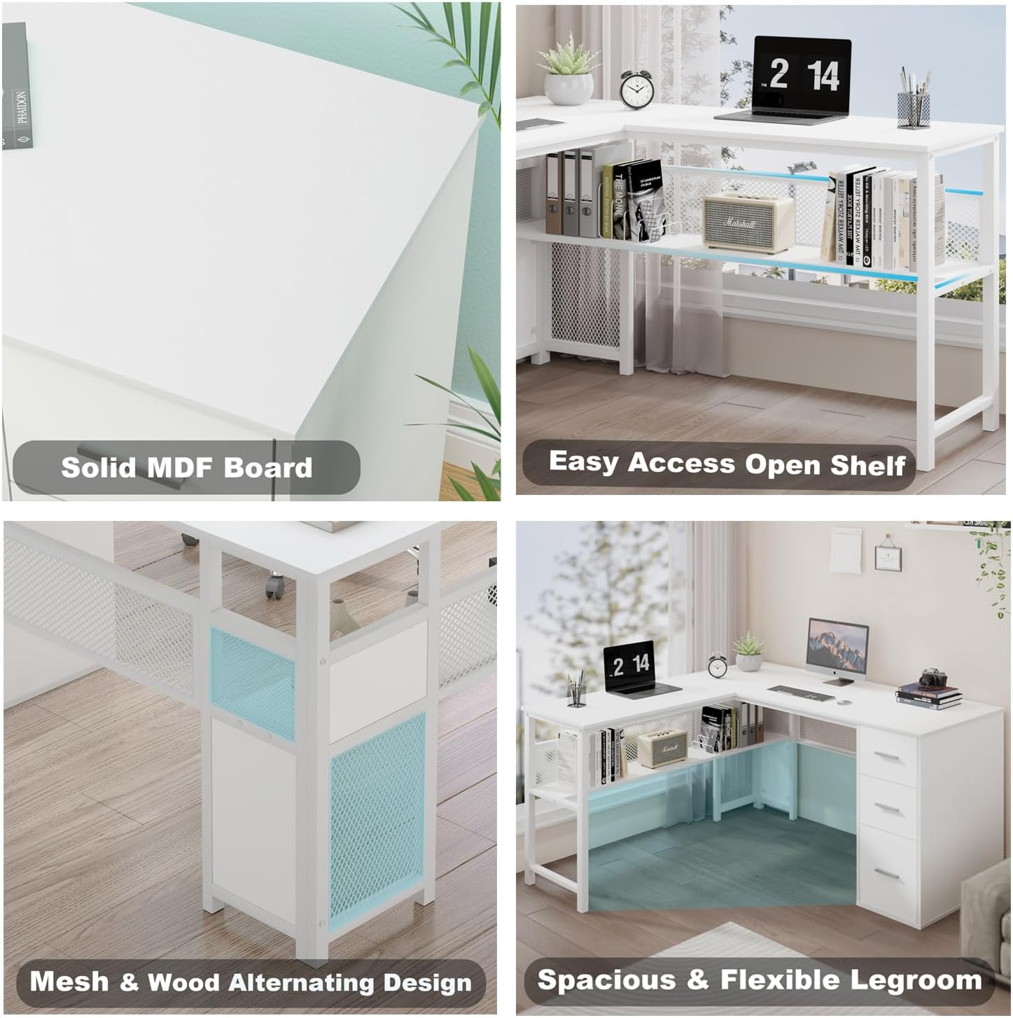 LVB White L Shaped Corner Desk with Drawers, Reversible Modern L-Shaped Computer Desk with Storage Cabinet Shelves, Large Wood Metal L Shape Home Office Desk for Work Study Writing Gaming, 59 Inch