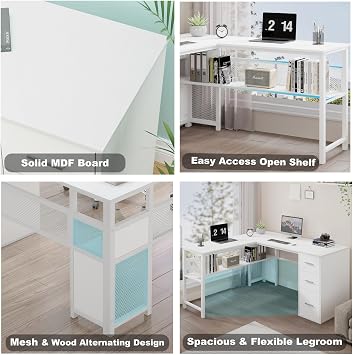 LVB Reversible L Shaped Desk with Drawers, White Computer Desk with Storage