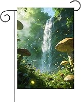 Vista 32 de Paisaje de fantasía con piedras, lámparas, flores, árboles, luna y mariposas, bandera de jardín de 12 x 18 pulgadas, pequeña vertical de doble cara