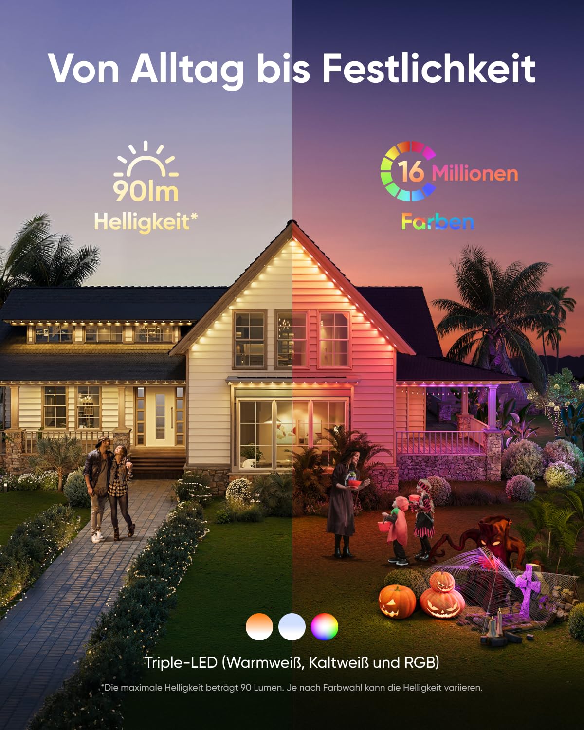 eufy Permanent Outdoor Light E22, 15m mit 60 Triple-LEDs, Smarte RGBWW-Lichter, Alltag & Festtage, bis zu IP67 Wasserdicht, KI-Beleuchtungsthemen für Weihnachten, Kamera-Kompatibel, App-Steuerung