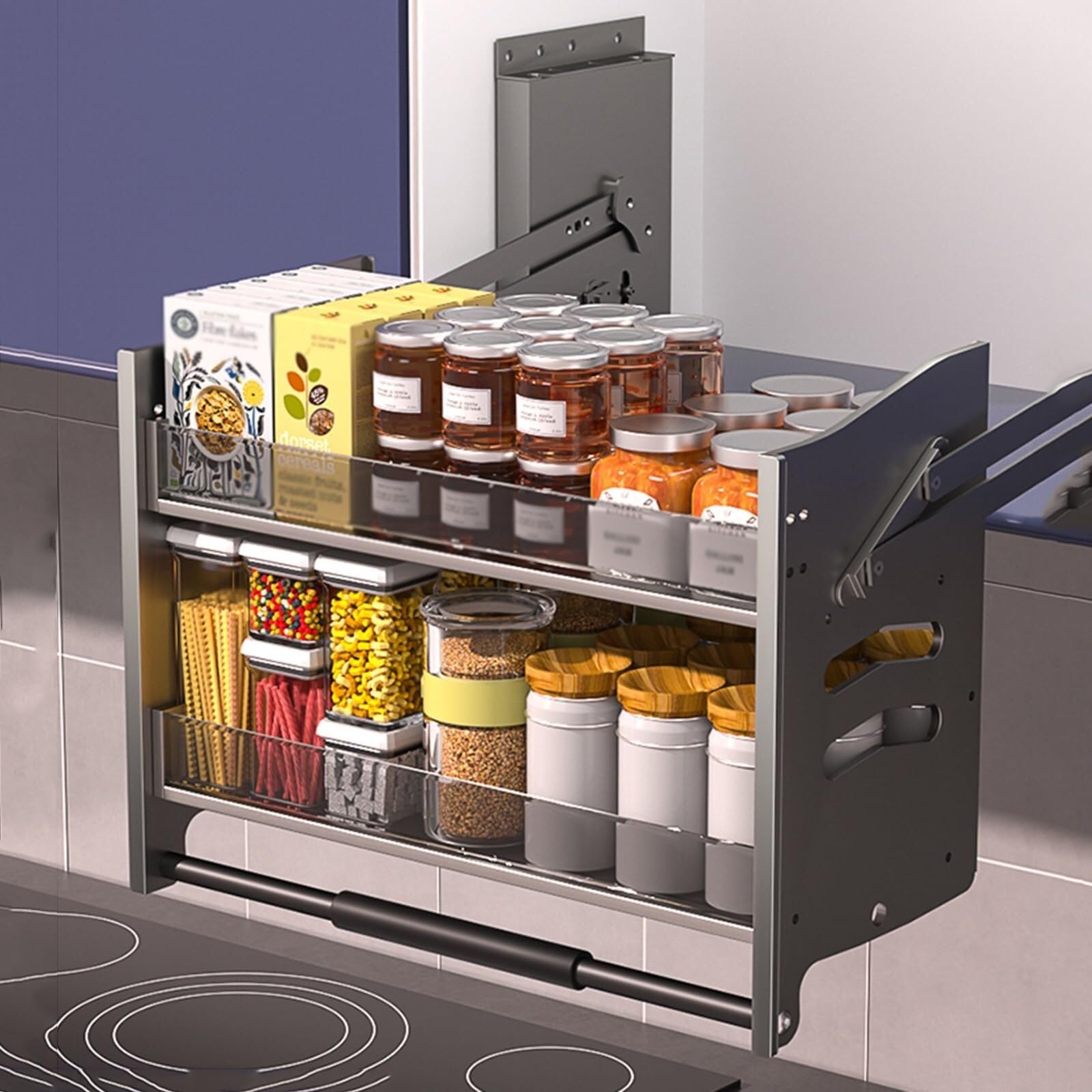 OLSKFUH Pull-Down Kitchen Organizer, 2-Tier Pull-Out Pantry Shelf, Multi-Function Spice Rack For Cabinet And Bathroom,W22*D10.2
