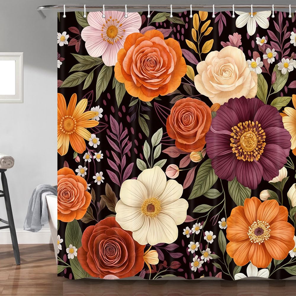 Boho Floral Shower Curtain, Abstract Plant Flower Leaves abric Shower Curtains Set for Chic Bathroom Decorative, Watercolor Restroom Decor Accessories