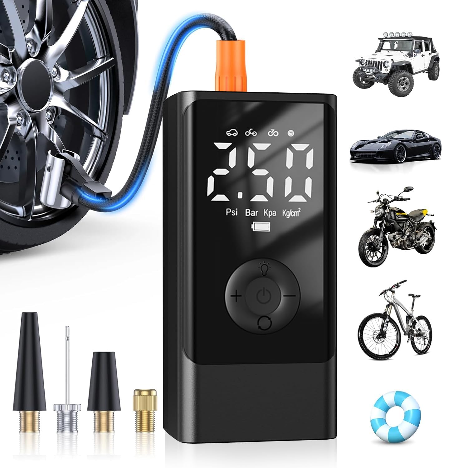 Compresor de Aire Portátil para Coche, Inflador Eléctrico 150PSI con Pantalla LCD Digital y 4 Boquillas, Bomba de Aire para Autos, Bicicletas, Motos, Scooters y Pelotas (Estilo Ⅱ)