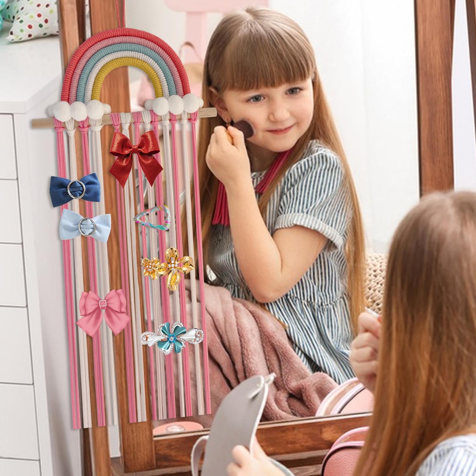 Soporte para lazos para el pelo de niñas – Organizador montado en la pared, estante de clip decorativo con almacenamiento de múltiples ranuras