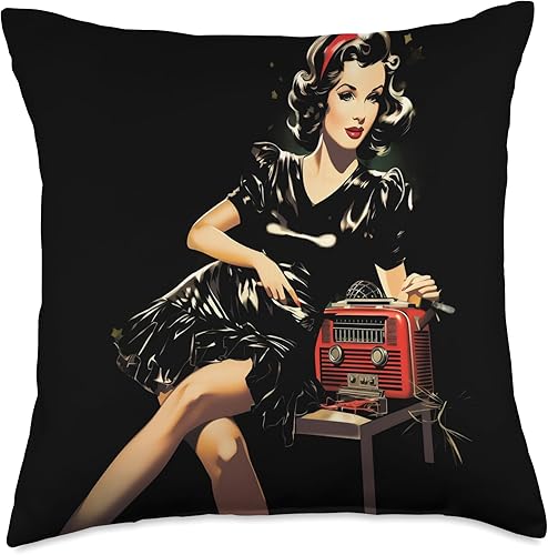 Retro Pin Up Girl 1940s 1950s PinUp Costume Pinup Girl Radio Cassette Old School Vintage - Almohada de 18 x 18 pulgadas, multicolor