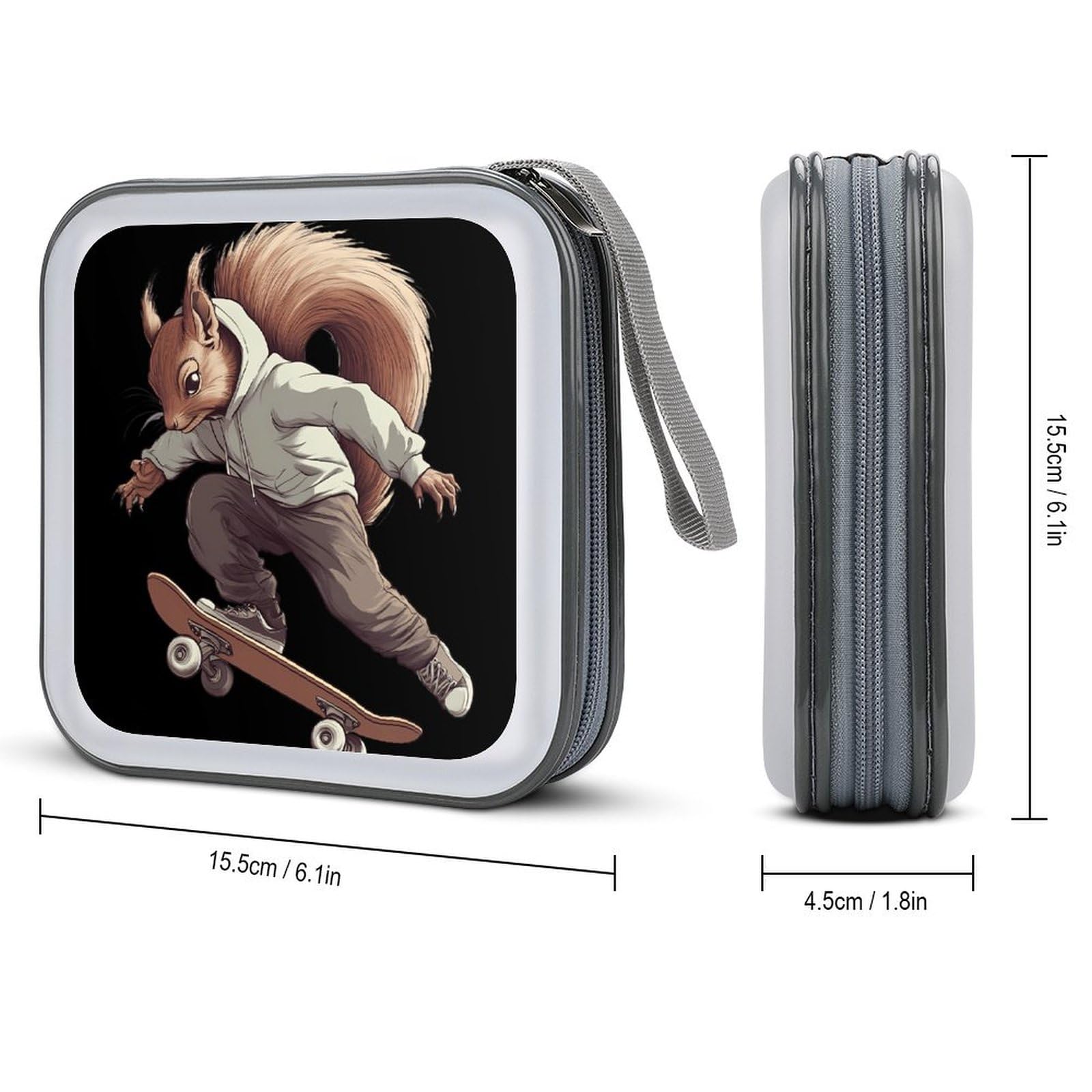 Funny Squirrel Skateboard Skater CD Case Plastic DVD Case Holder Wallet Disc Storage Organizer for Car Travel