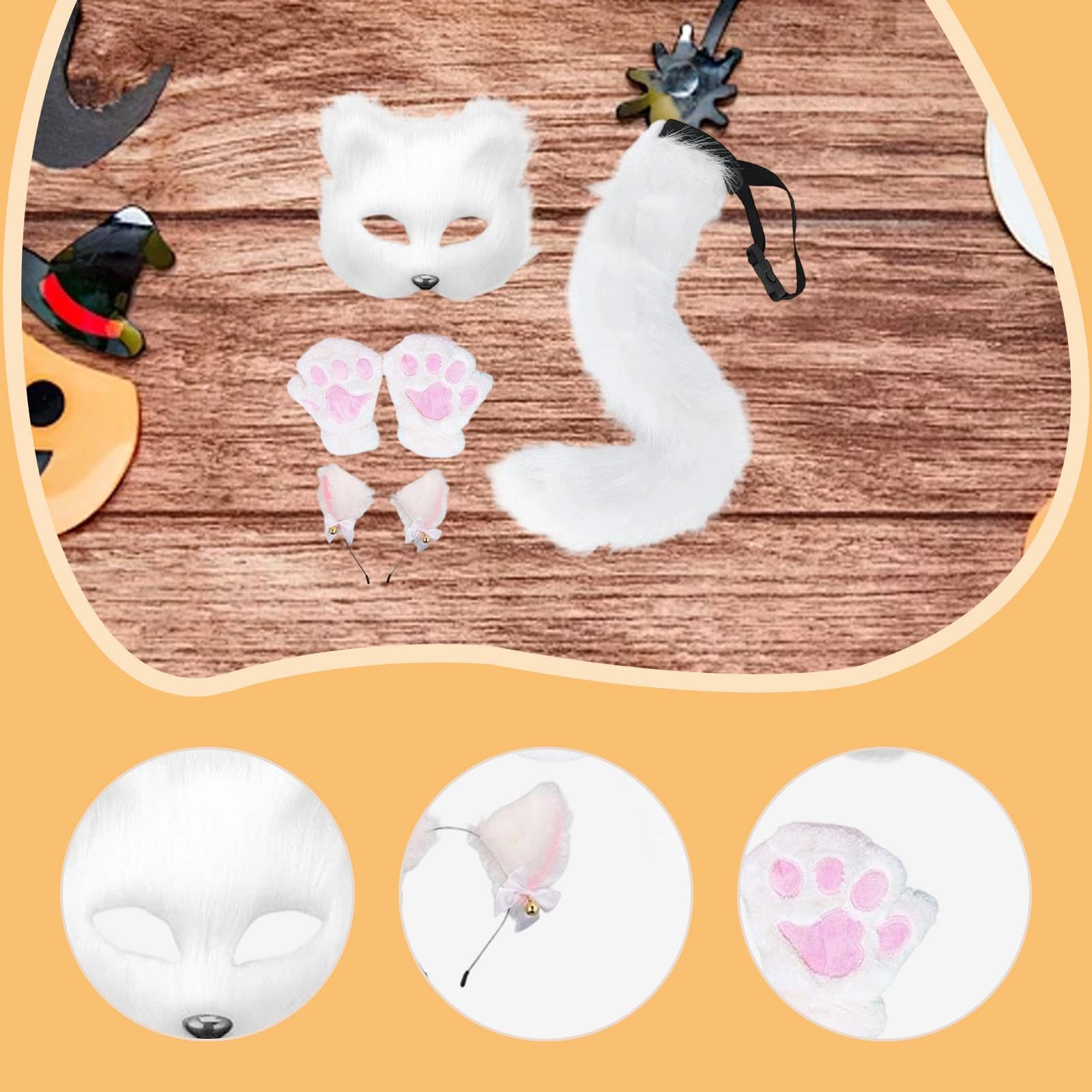 Ears Headband Ensemble Comprenant Serre-tête Queue en Peluche Masque et Gants sans Doigts Accessoire Déguisement Animal pour Cosplay Adapté au, Blanc