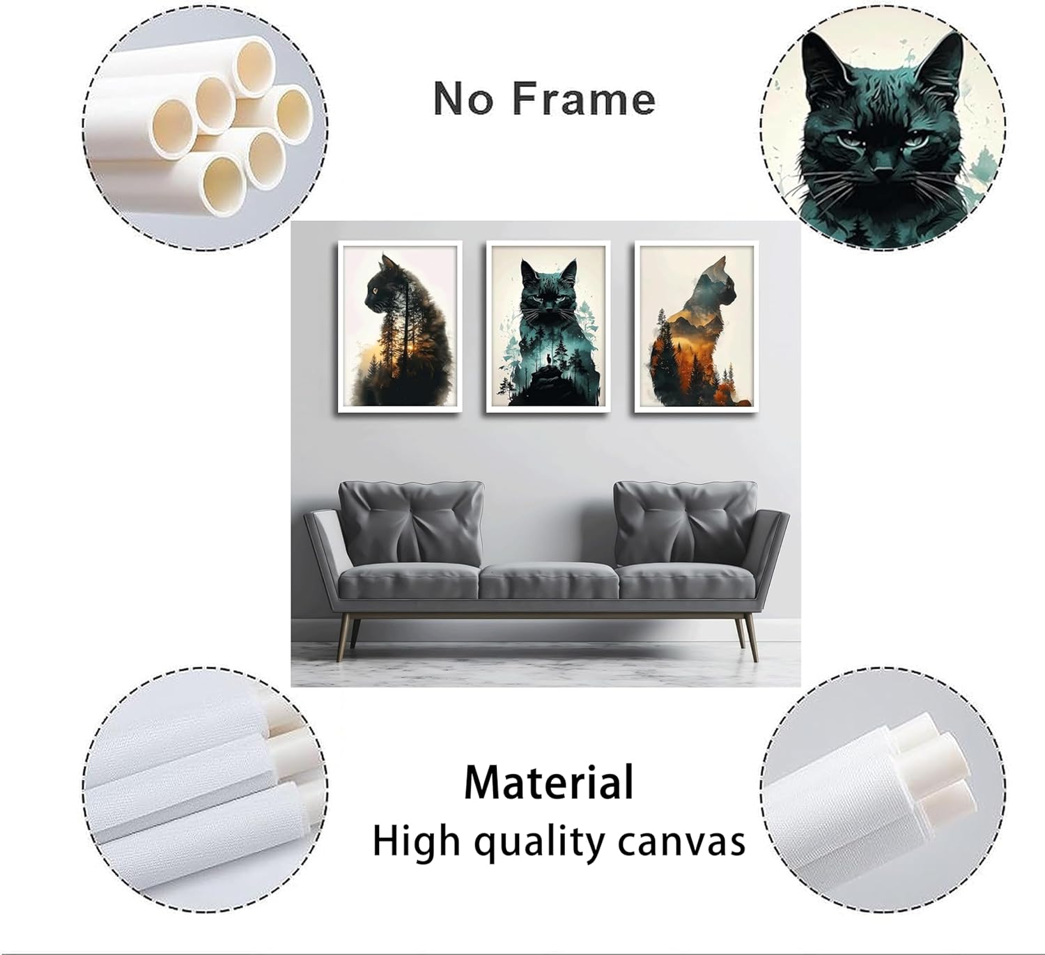 Funny Animals Canvas Wall Art Cute Black Cat and Forest Theme Pictures Wall Decor Abstract Sunset Mountains Nature Landscape Poster Painting Prints Artwork for Living Room Bedroom Bathroom Home Decor