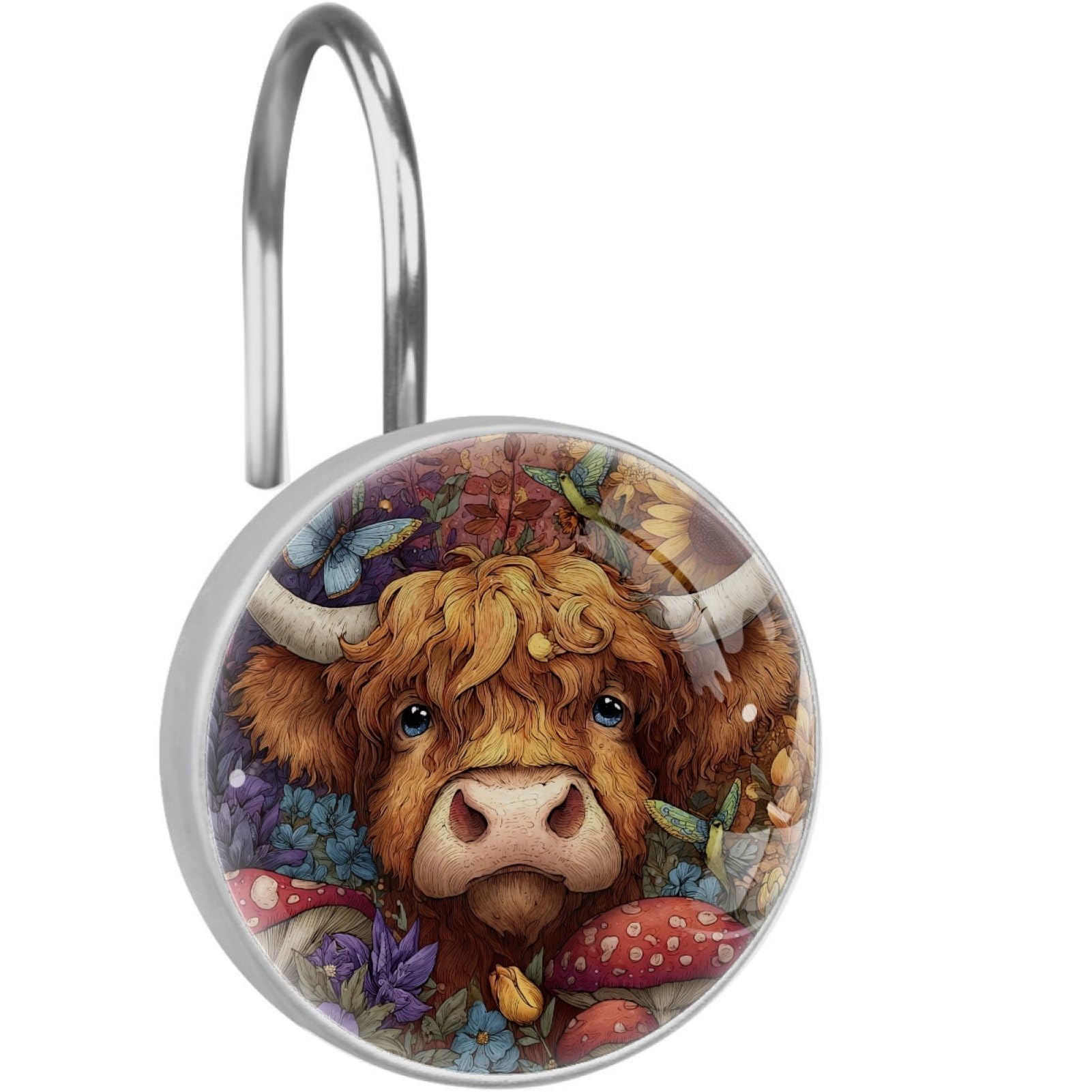 VAPOKF Decorative Shower Curtain Hooks, Cartoon Highland Cows Rustproof Stainless Steel Shower Curtain Rings for Bathroom, Shower Curtain Hangers for Shower Rod, 12 Pack