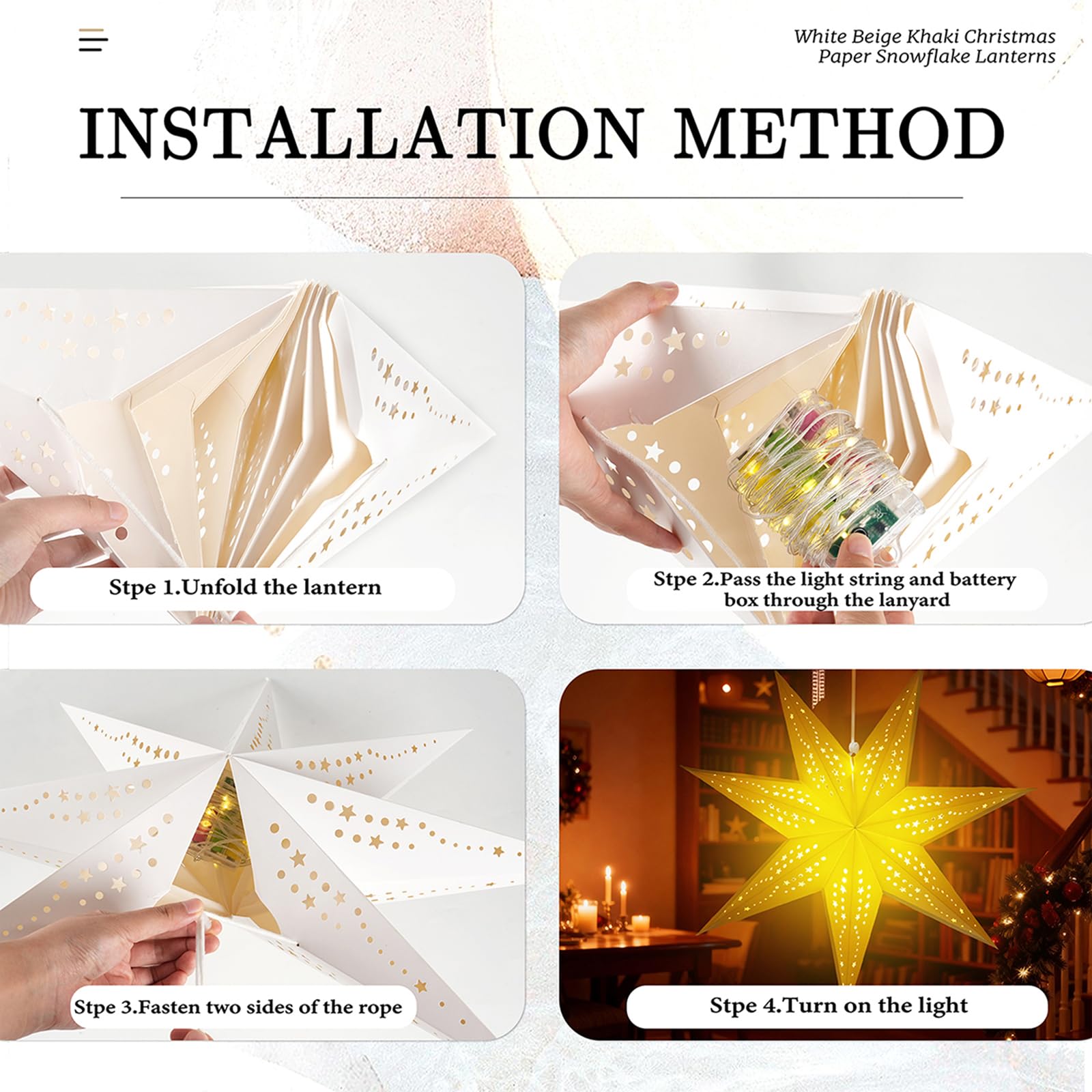 Große Papierstern-Laternen mit Lichtern, 3D-Hohl-Out-Weihnachtspapierlaternen, 4 Stück, faltbar, dekorative Weihnachtsdekorationen für Weihnachten, Hochzeit, Neujahr, Party, Heimdekoration