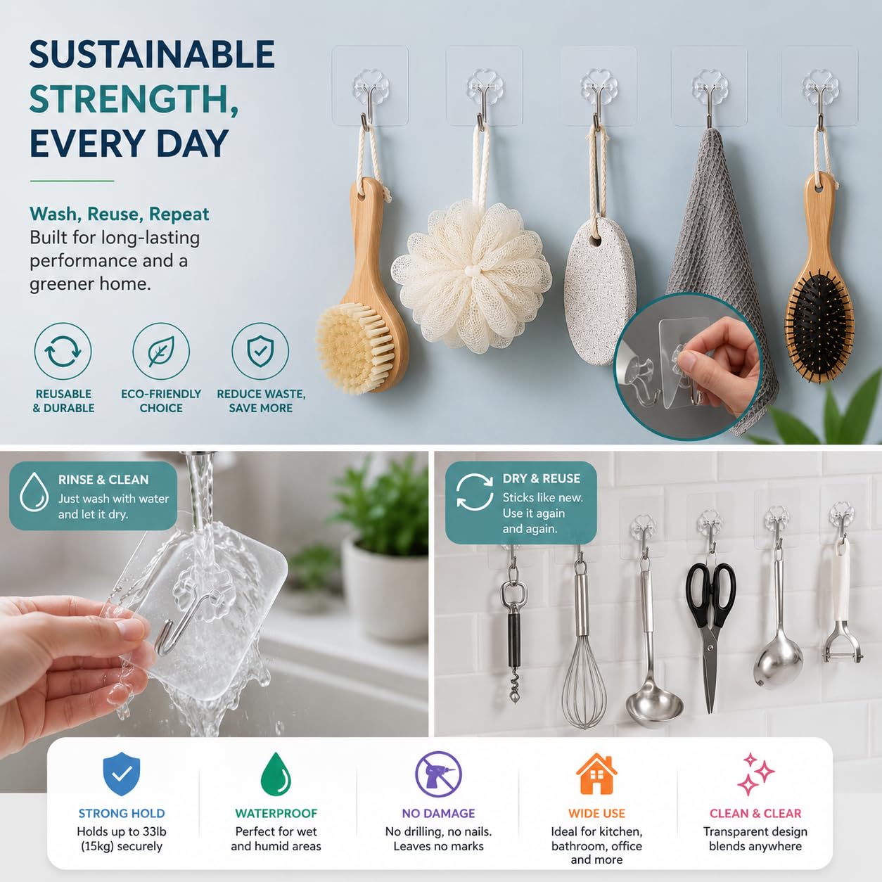 Self Adhesive Wall Hooks - No Drill, Heavy Duty -5 Self Adhesive Wall Hooks - No Drill, Heavy Duty -5