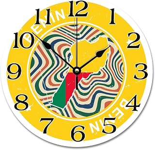 Benin Flag Farmhouse Wall Clock Colorful Retro Map Benin Country City Souvenir Large Wall Clocks Battery Operated 12 Inch Quiet Vintage Hanging Clock Wall Decor Gift for Foreign Friend