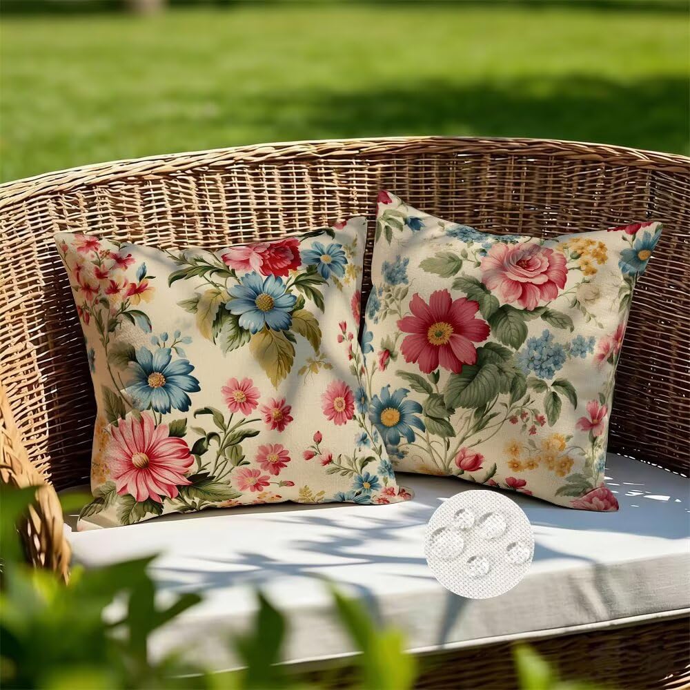 Outdoor Cushions Waterproof Vintage Cushion Covers 35cm x 35cm Set of 2 Flower Garden Cushions Spring Cushion Cover Decorative Pillows Linen Throw Pillow Case for Couch Sofa Garden Furniture (IU171)