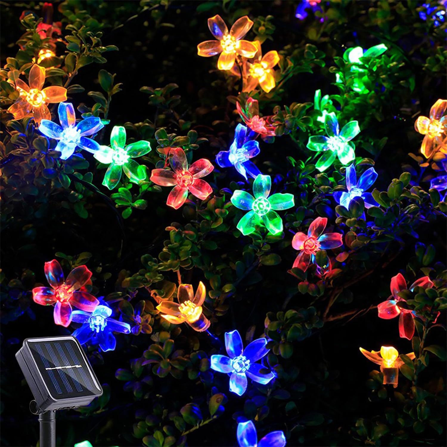Solar String Flower Lights Outdoor 100 LED 40Ft Multi-Color Fairy Lights with 8 Lighting Modes, Waterproof for Garden, Yard, Porch, Christmas, Wedding, Party, Xmas Tree Decoration Multicolor Flower String Lights 1 Pack