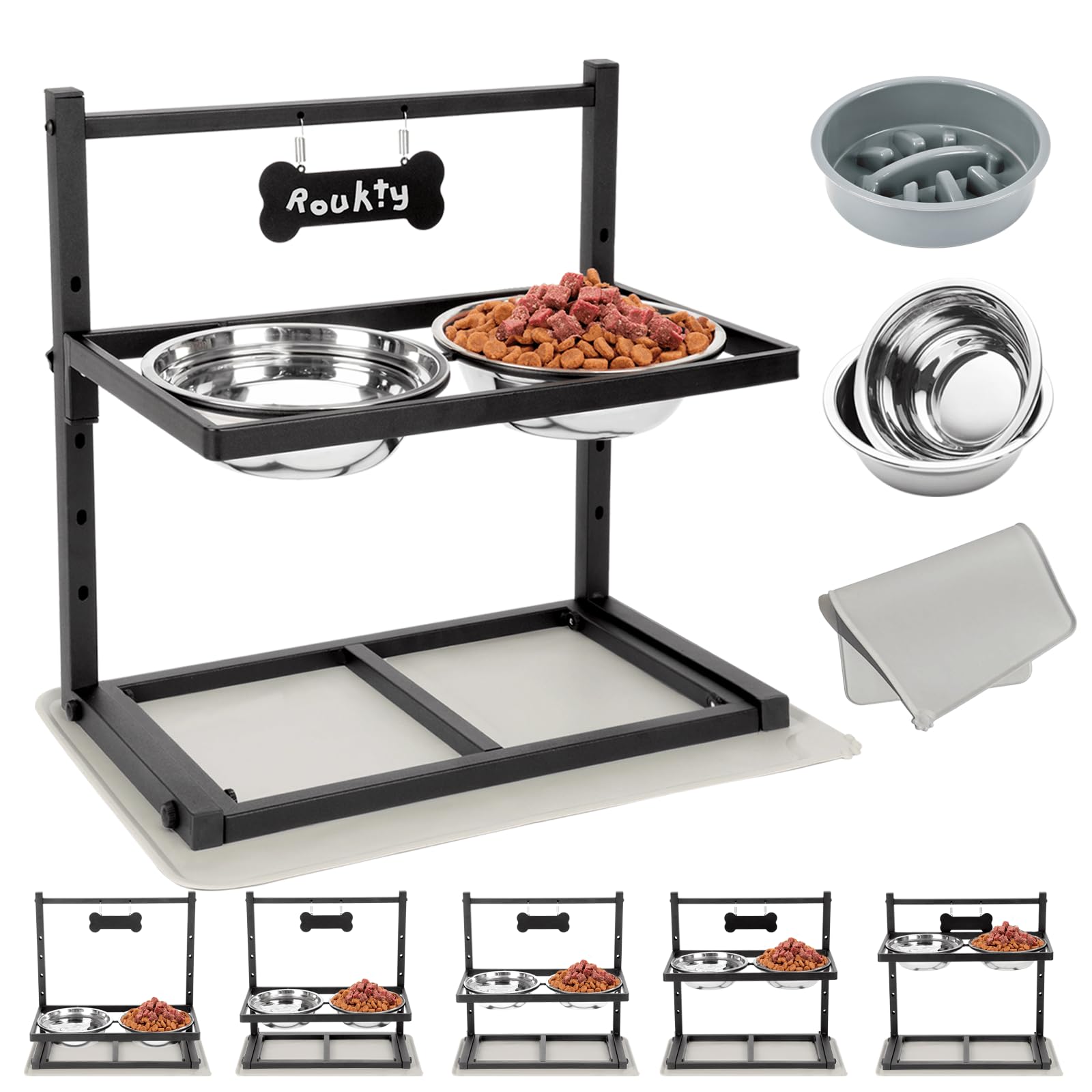 Elevated Dog Bowls for Large Dogs with Slow Feeder & Spill Proof Mat, 5 Height Adjustable Raised Dog Bowl Stand with 2 Stainless Steel Dog Bowls, Dog Food & Water Bowls for Medium Large Dogs