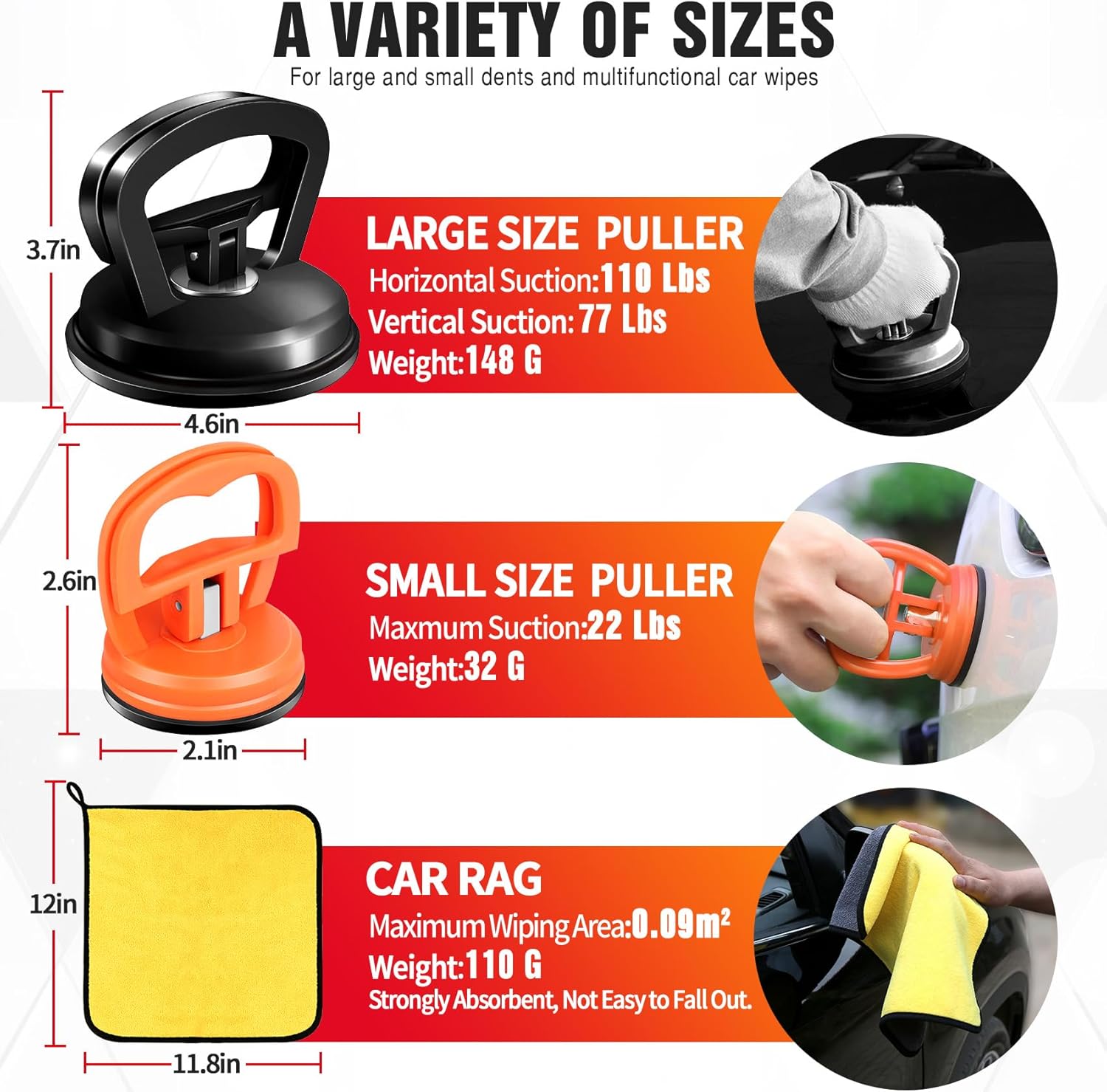 Dent Puller 3-Pack - Car Dent Puller, Dent Puller Kit with Heavy Duty Suction Cup & T-Handle Lifter. Dent Remover Tool for Car, Glass Lifting, Screen Moving (Black+Orange)