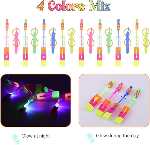 Miniatura 6 de 60 juguetes voladores con luces LED (30 tirachinas + 30 helicópteros), juguetes al aire libre que brillan en la oscuridad, suministros de fiesta