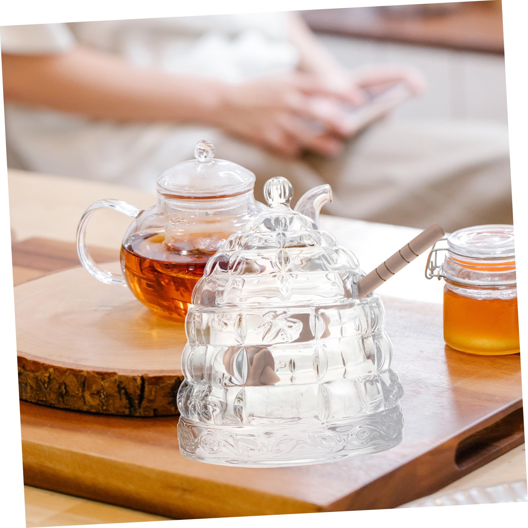 OHPHCALL Glass Honey Dispenser with Dipper Syrup Storage Canister for Honey and Syrup Unique Prevent Wastage for Kitchen Use and Food Freshness