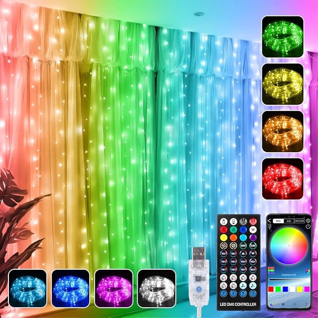 Color Changing Curtain String Lights Bedroom, 300LED Fairy Curtain Lights with Remote, Twinkle Lights RGB Music Sync, Curtain Fairy Lights for Backdrop, Christmas Lights Wedding Party Decor