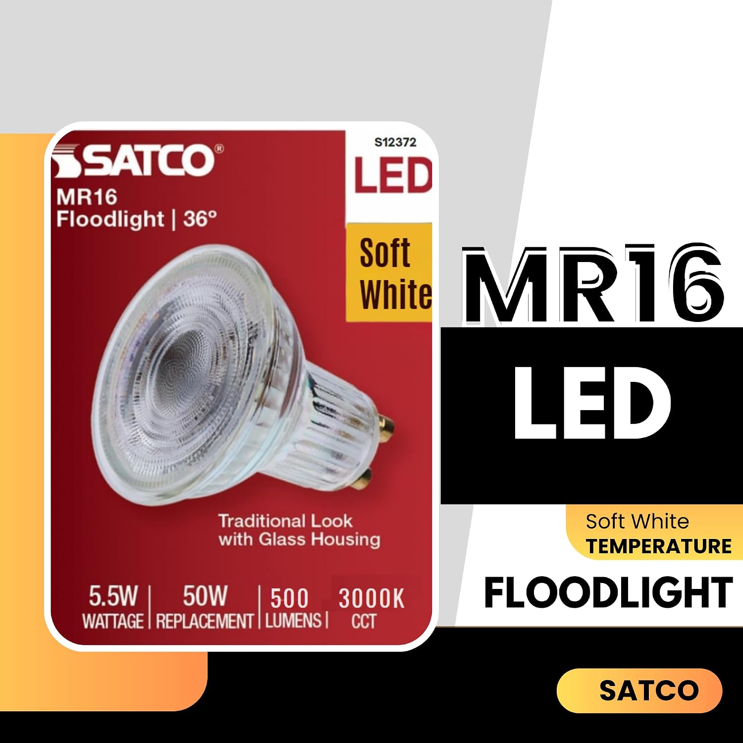 Satco LED MR16 Floodlight 5.5W 50W Equivalent 3000K Soft White 90+ CRI 36° Beam GU10 Twist-Lock Base 120V Dimmable Clear Finish – Part S12372 (2 Pack)