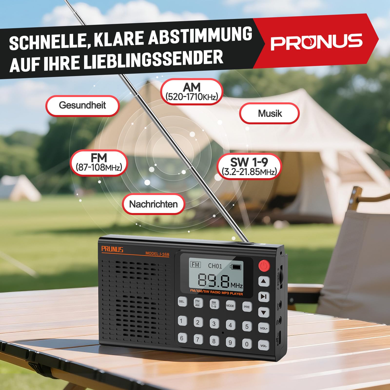 PRUNUS J-168 FM/AM/SW Digital Radio Klein Unterstützt Manueller Preset, Kleines Radio mit Akku 2000mAh, unterstützt Sleep-Timer, Exzellentem Empfang, Tragbare Radios mit Bluetooth 5.0/TF-Player.