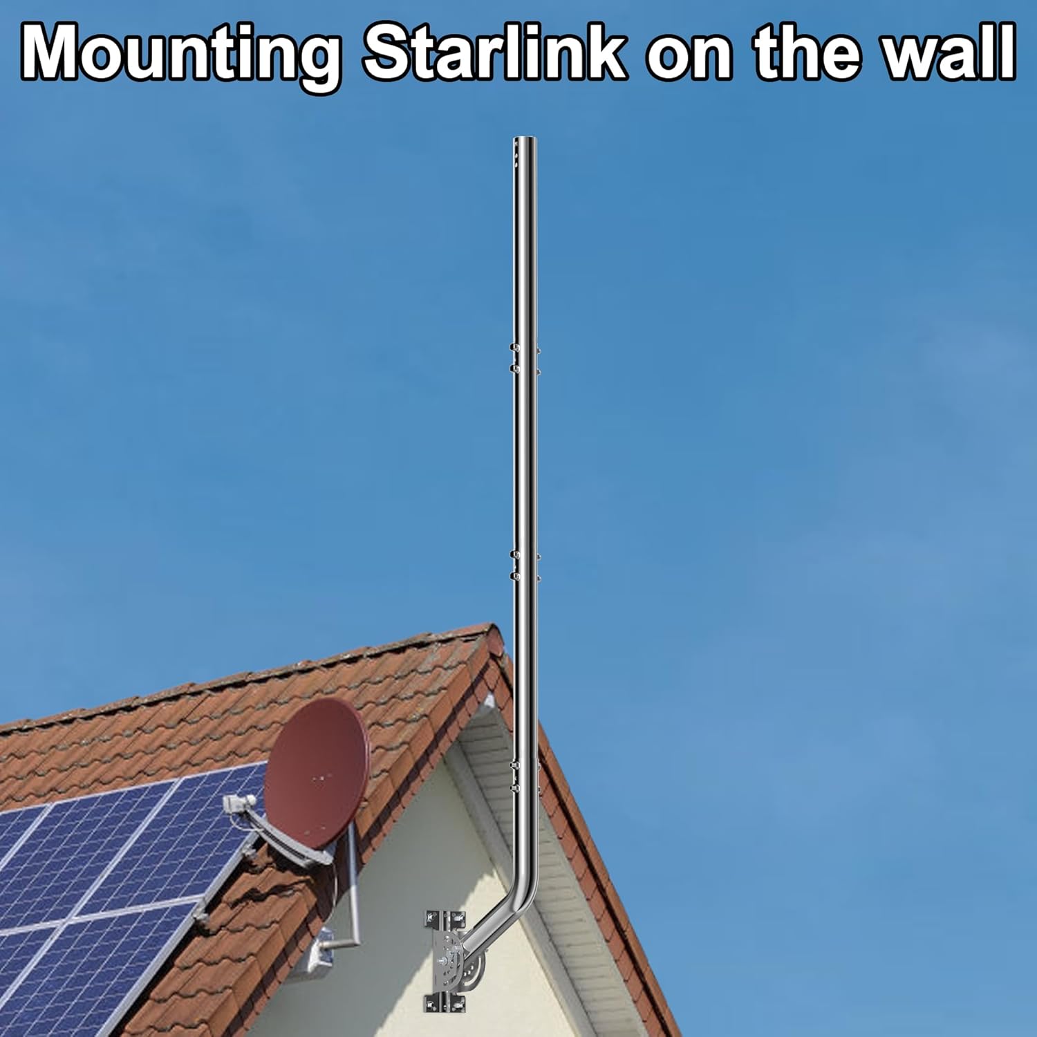 Universal Antenna Pole Mount for Antenna, Starlink & Weather Station – Adjustable Bracket for Wall, Eave, Roof (Sliver)