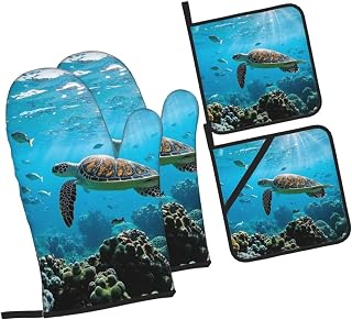 Oven Mitts with Hanging Loop High Heat Resistant Oven Mitts and Pot Holders 4 pcs Set Ocean Organism Oven Mitts Kitchen Pot Holders for Cooking Baking Microwave BBQ